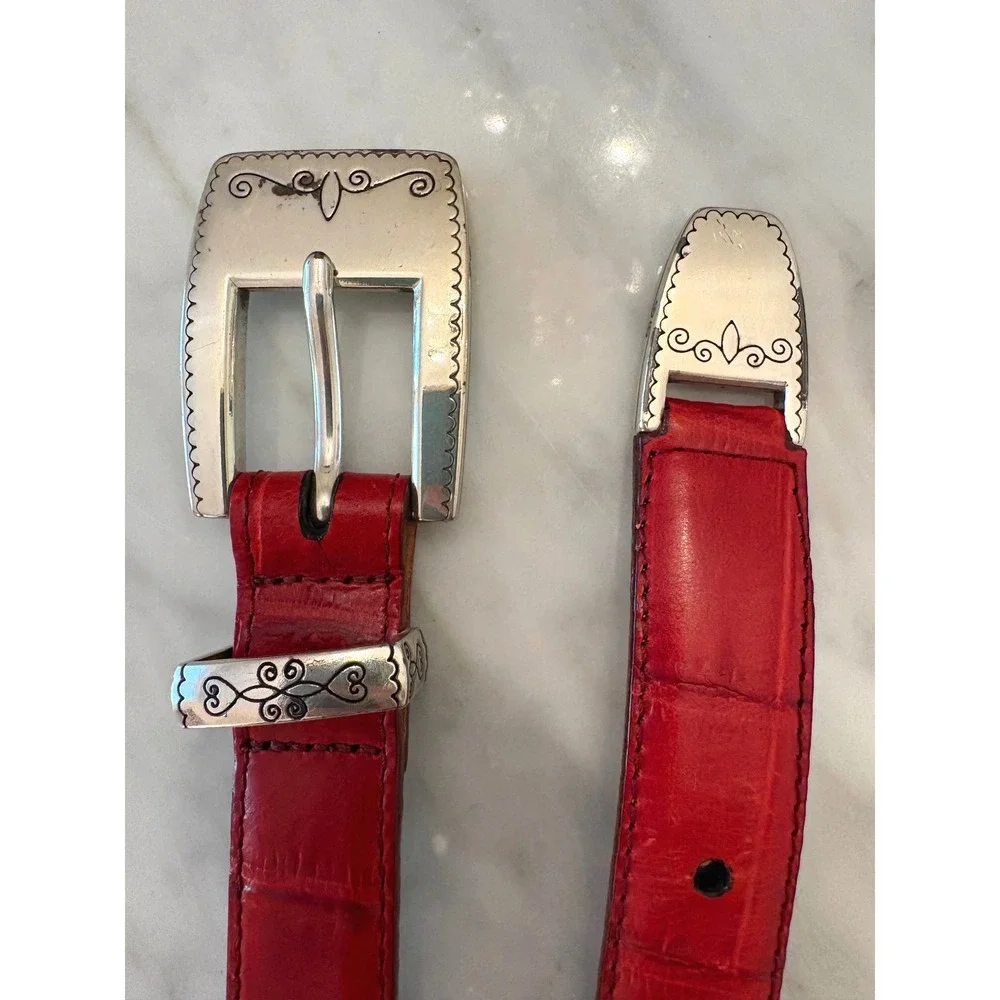 Brighton Red Croc Embossed Leather Belt Silver Scroll Link Hardware 41